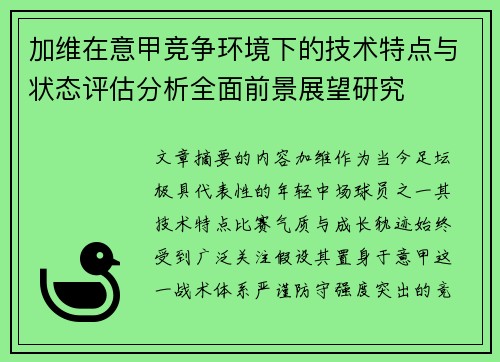 加维在意甲竞争环境下的技术特点与状态评估分析全面前景展望研究