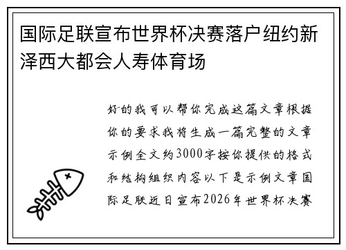 国际足联宣布世界杯决赛落户纽约新泽西大都会人寿体育场